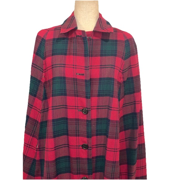 Burberry 1960s Reversible Trench Gabardine & Wool Plaid Cape Coat Red Navy OSFA - Picture 4 of 14